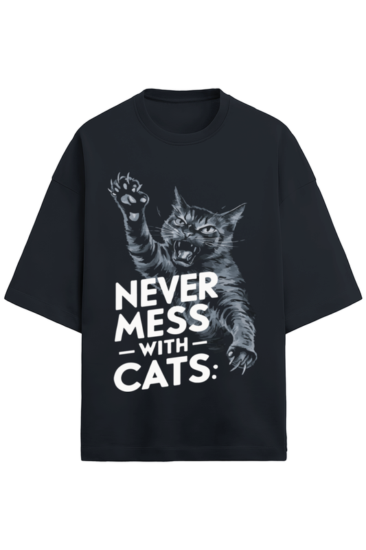 Oversized Terry T-shirt- Navy Blue- Never Mess With Cats